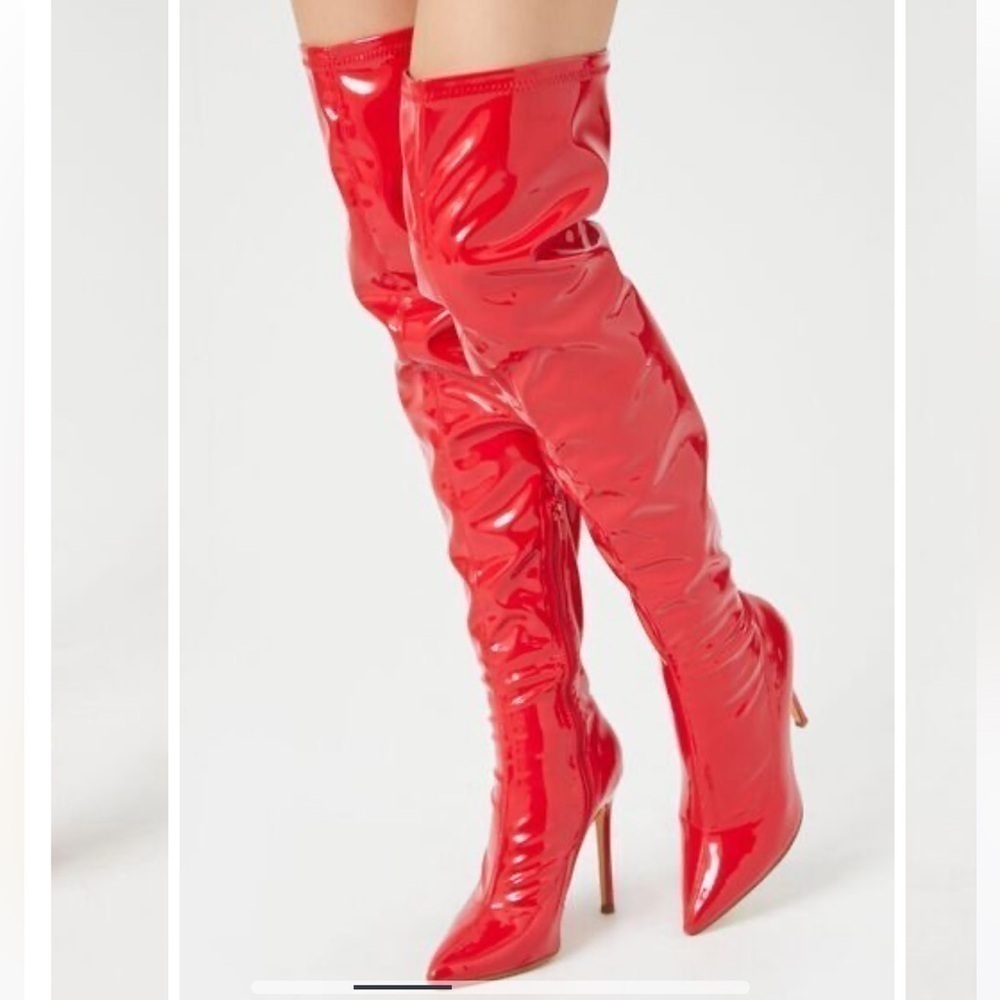 Red Faux Patent Leather Pointed Boots - Picture 6 of 8